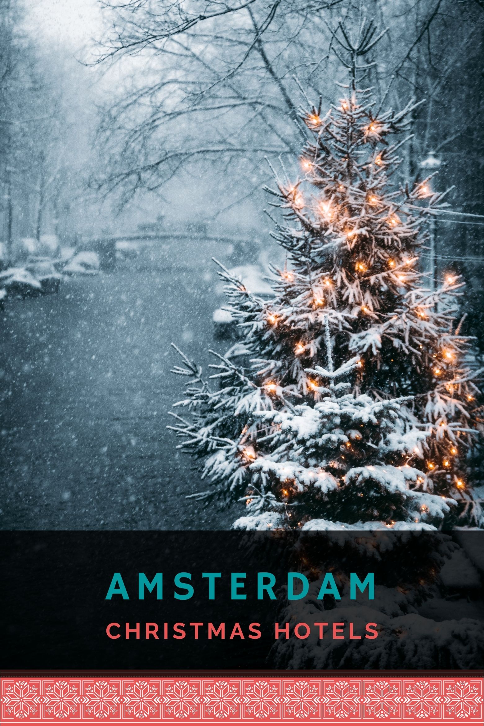 Amsterdam canal during the snow with a Christmas tree and lights
