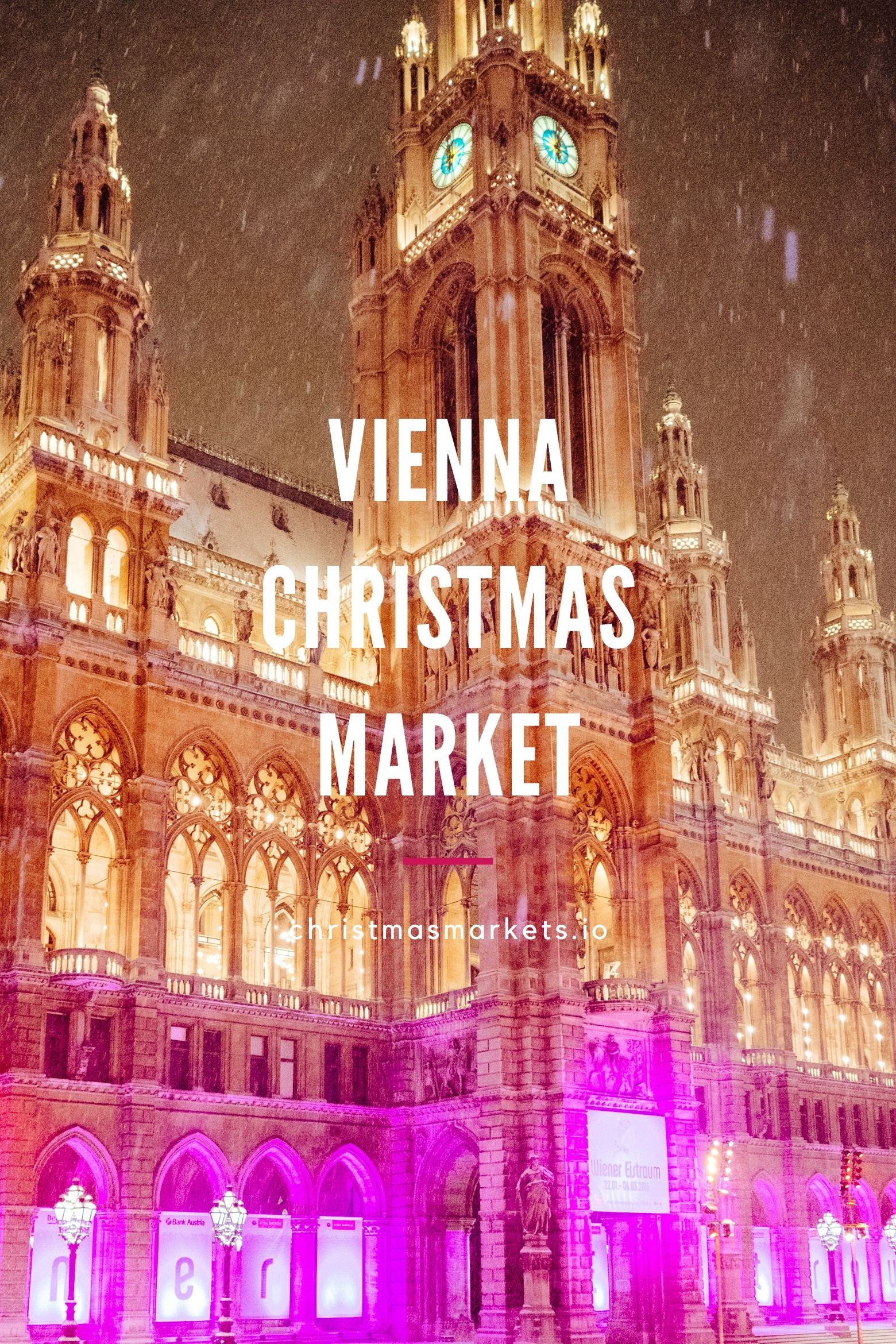 Vienna Town Hall with Christmas lights and snow.