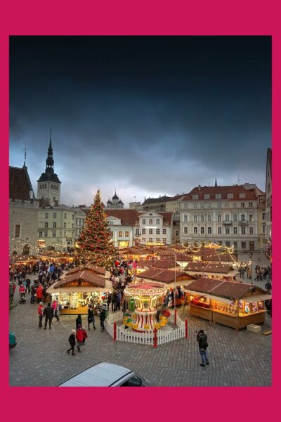 Town Hall Square in Estonia filled with Christmas stalls.