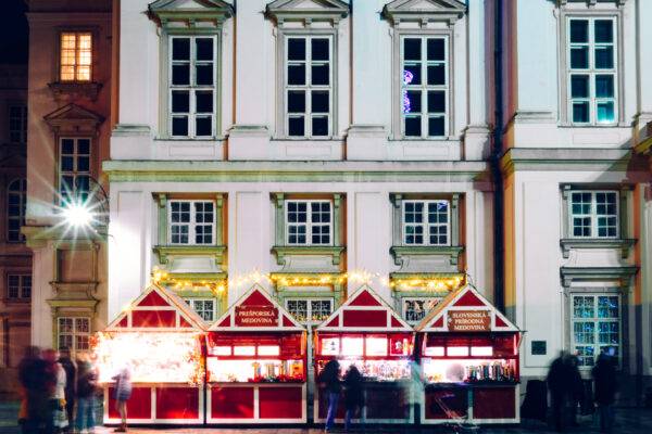 Bratislava Christmas market stalls in front of building