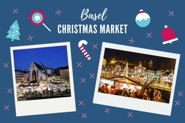 The Christmas markets in Basel's main square, during the day and at night. 