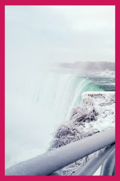 Looking over the frozen Niagara Falls through the mist.