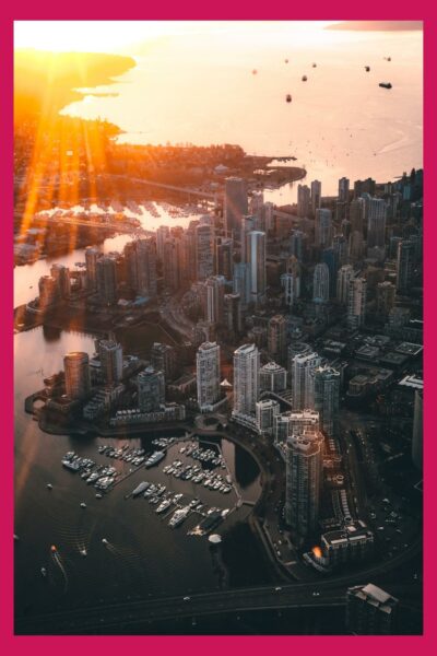 Aerial photo of Vancouver at sunset.